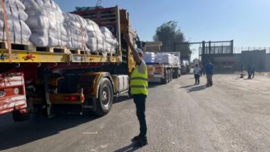 شاحنات محملة بالمساعدات الإنسانية تعبر بوابة رفح الحدودية بين مصر وقطاع غزة.، 27 يوليو/تموز 2025.